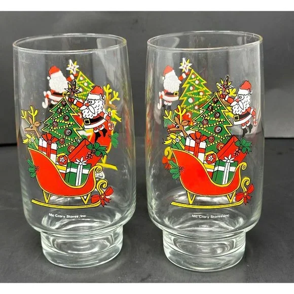 1985 (2) MCCRORY STORES Santa COCA COLA Tumbler Glasses Christmas Tree Sleigh - Picture 3 of 11